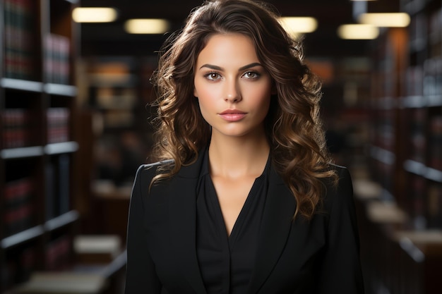 Female lawyer in suit at workplace with laptop