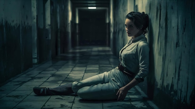 Female leaning against the wall looking down in a hallway with blurred background in alcatraz islan