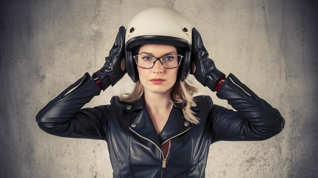 Female in leather clothes moto gloves and safety helmet on a grey background