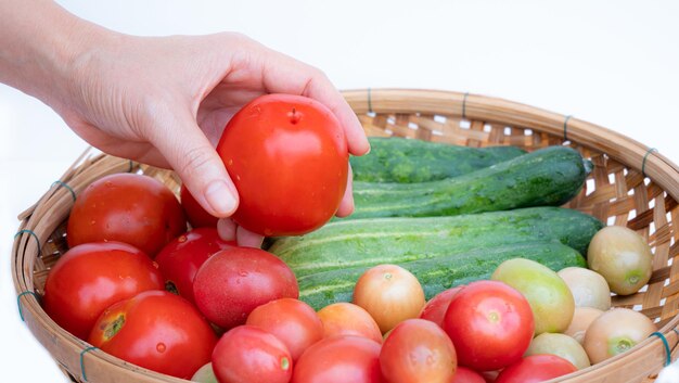 여자 왼손: 토마토를 손에 들고, 대나무 바구니, 색 바탕에 수확 가능한 과일과 채소, 예를 들어, 호박과 토마토.