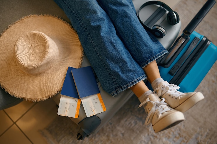Photo female leg on suitcase with travel tickets