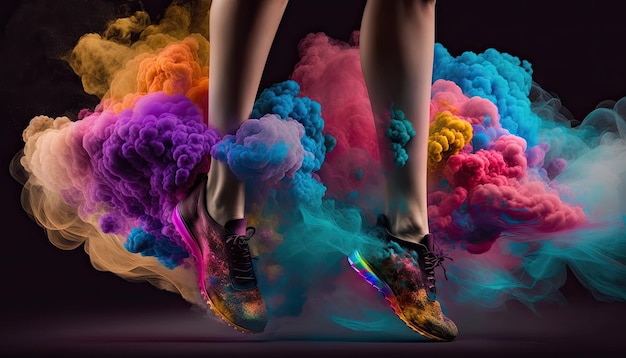 Female legs in colorful high heels among multicolored smoke fashionable trendy women shoes