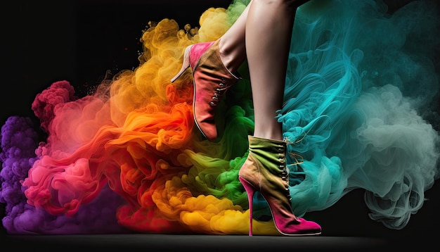 Female legs in colorful high heels among multicolored smoke fashionable trendy women shoes