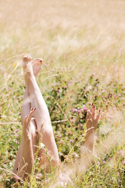 Photo female legs and hands with a bouquet of clover protrude from the grass in the meadow