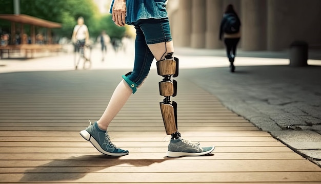 Female legs prosthesis close up walking outdoor in city park woman amputee wearing prosthetic legs