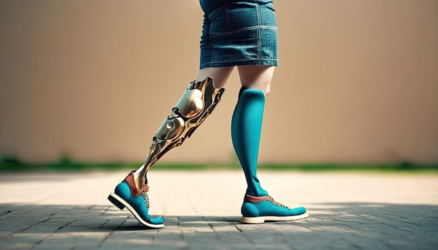 Photo female legs prosthesis close up walking outdoor in city park woman amputee wearing prosthetic legs