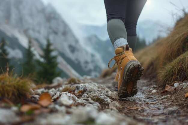 写真 バックパックを背負って山道を走る女性の足