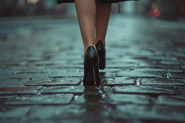 Female legs in shoes walks along a city street