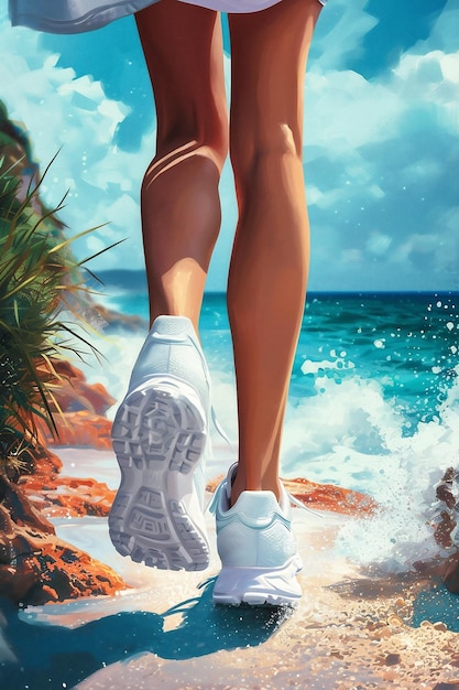 Female legs in white skirt and sports shoes walking along sea shore Travelling concept