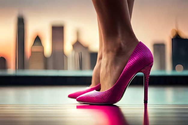 Photo female legs with a pink high heel created with generative ai technology