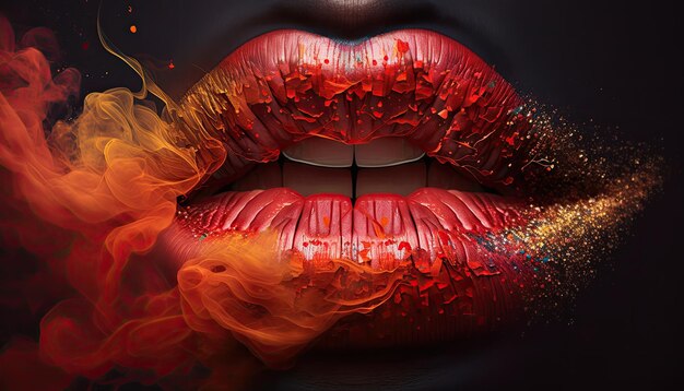 Female lips close up wearing red lipstick in red yellow smoke sexy beautiful woman lips