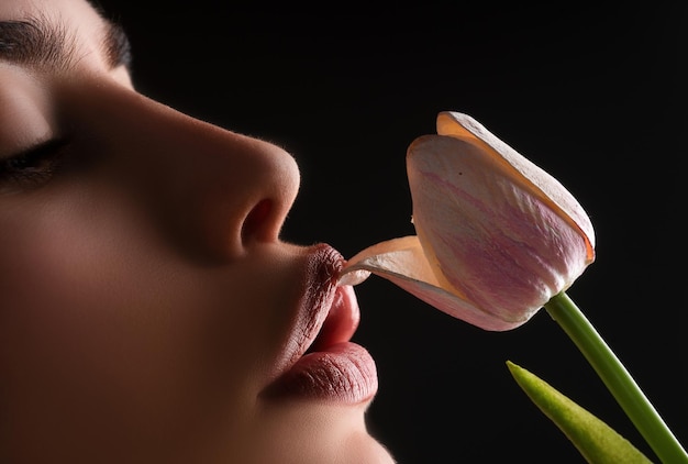 Photo female lips and spring flower sexy woman mouth and flowers oral sex orgasm blowjob licking flower gi