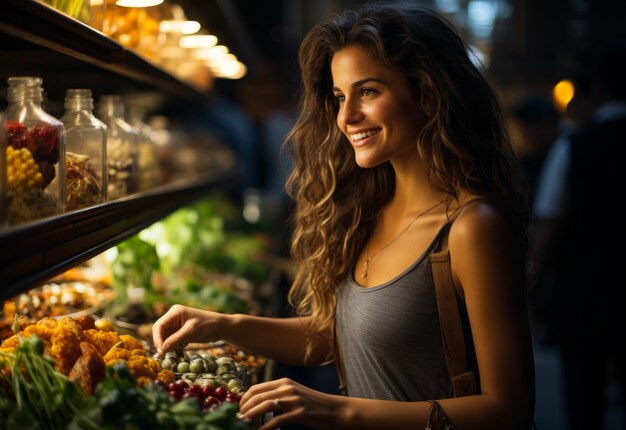 Photo a female looking at fruits and vegetables a woman standing in front of a display of fruits and vegetables