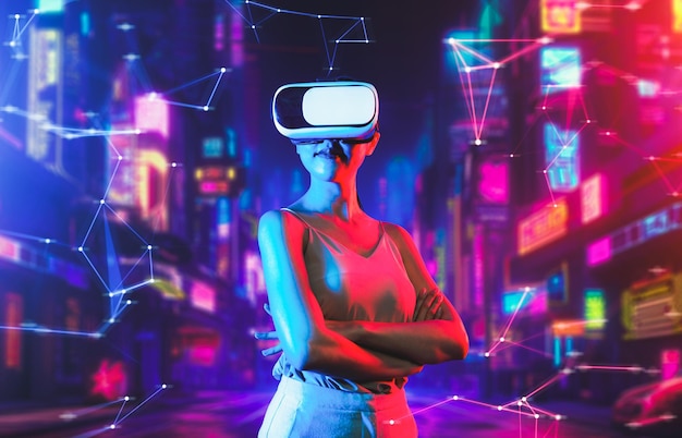 female looking left crossed arm and confident pose in metaverse hallucination