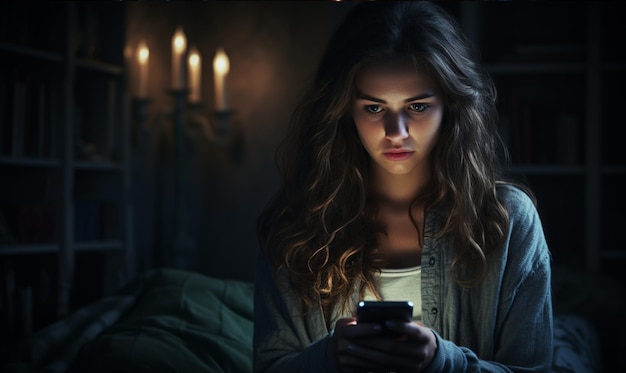 Female lying in bed watching movie on smartphone in dark bedroom