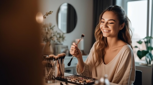 Female makeup artist in the joyful and optimistic and putting cosmetics on table