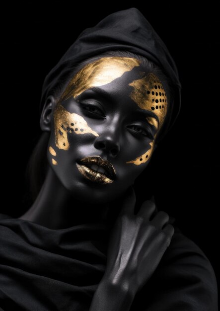 Фото Женский макияж с золотым листом на черном концептуальном фоне для рамы