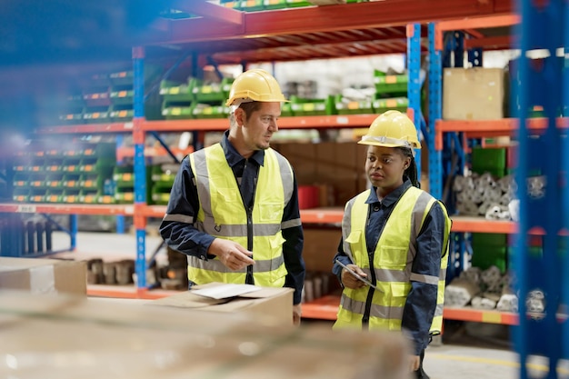 Photo female and male employees check product