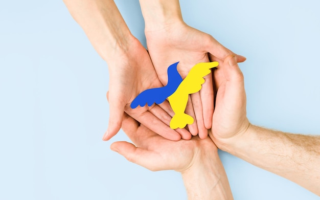 Female and male hands hold a symbol of peace painted in the colors of the Ukrainian flag