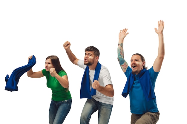 Female and male soccer fans cheering for favourite sport team with bright emotions isolated on white