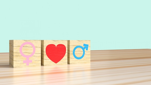 Female and male symbol with heart on wooden cubes, heterosexual relationship concept