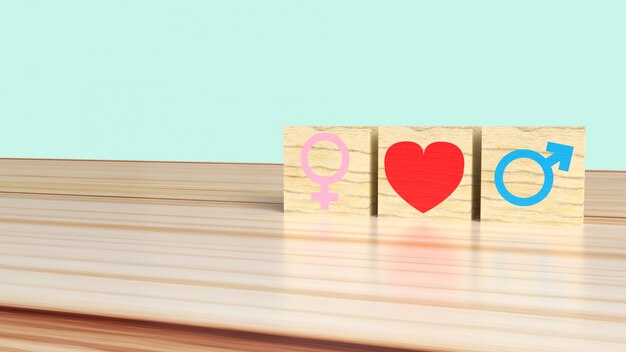 Female and male symbol with heart on wooden cubes, heterosexual relationship concept