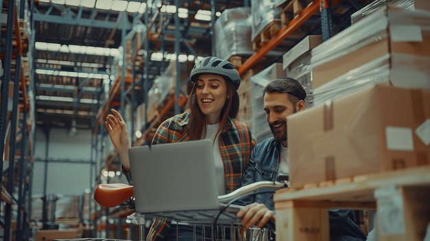 Photo female and male workers in warehouse talking using laptop computer checking retail stock preparing shipments on stylish retro bicycle seats storeroom workers enjoy their work