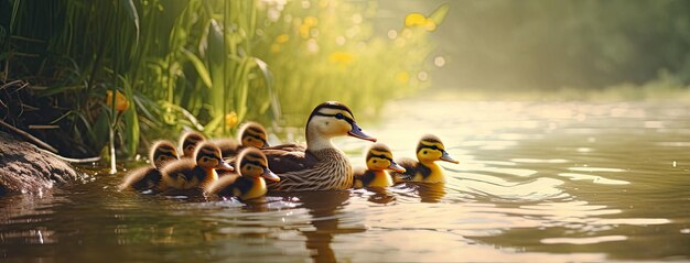 A female mallard leads her adorable ducklings along the tranquil riverbank basking in the warm sun and showcasing the beauty of nature's renewal