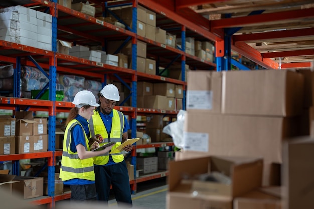 Female and man warehouse worker with tablet checking stock products on shelves at warehouse store