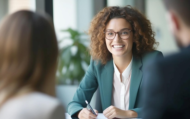 Photo female manager interview applicant meeting in office