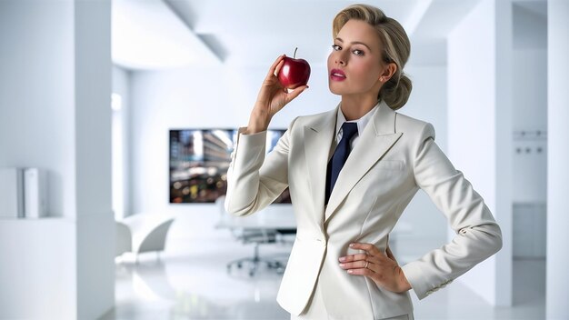 색 사무실에서 포즈를 취하는 여성 매니저는 햄버거를 먹고 싶어하는 사과를 반발적으로 쳐다보고 있습니다.