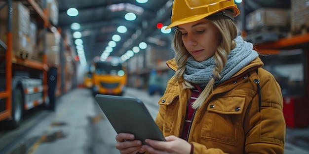 Female manager uses tablet while worker loads delivery truck with cardboard boxes outside Logistics Retler Warehouse Concept Logistics Warehouse Operations Delivery Service Managerial Duties