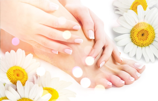 Female Manicured feet at spa pedicure procedure