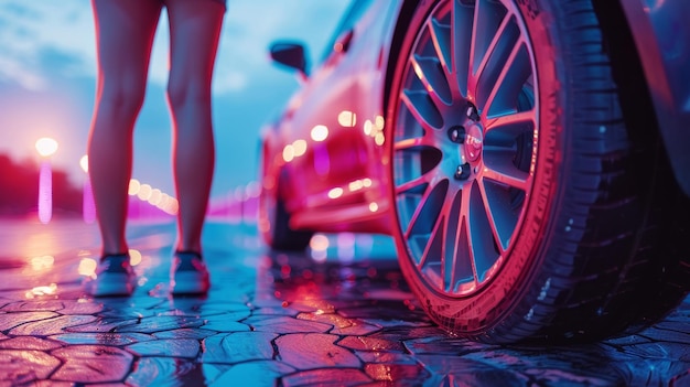 A female master makes a replacement of wheel tires in a tire repair shop