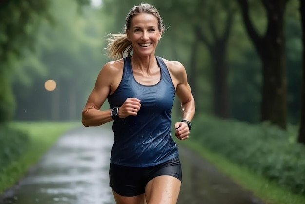 雨の中幸せにトレーニングする成熟した女性アスリート