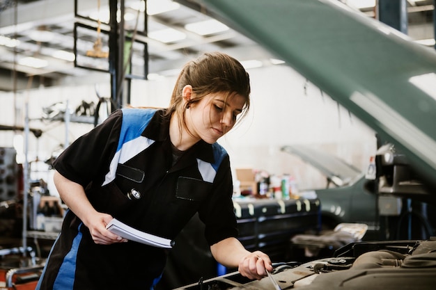 Meccanico femminile che controlla sotto il cofano di un'auto