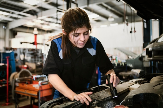 車のボンネットの下でチェックしている女性のメカニック