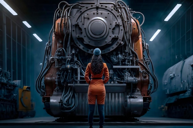 Female mechanic in front of train machinery concept equality generate by AI