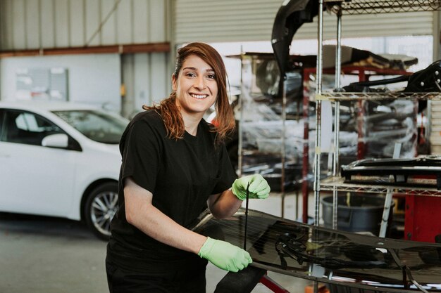 Female mechanic pulling out the weather seal of a vehicle