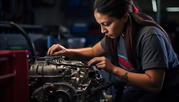 女性のメカニクが車を修理するワークショップ