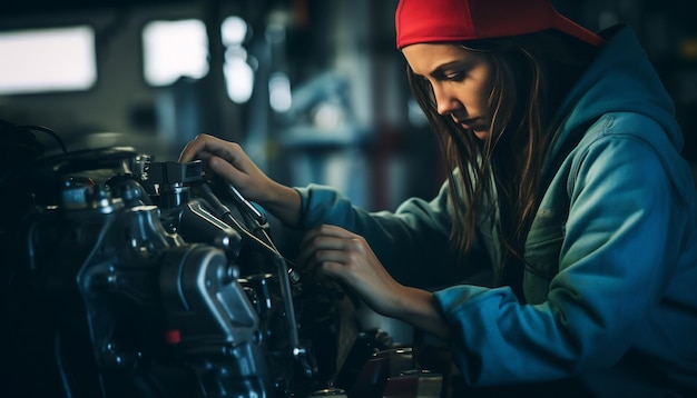 女性のメカニクが車を修理するワークショップ