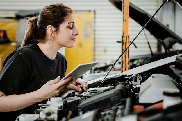 車のエンジンで診断を実行している女性の整備士