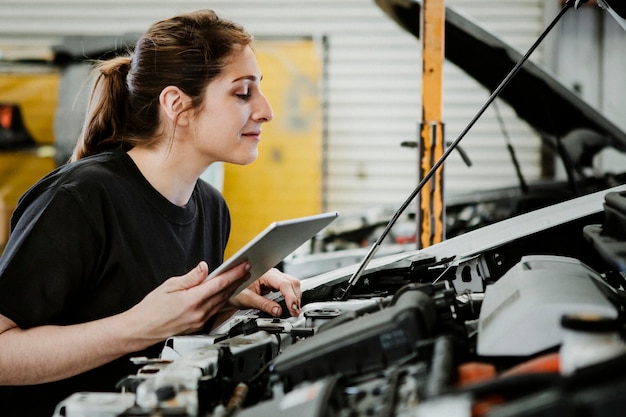 車のエンジンで診断を実行している女性のメカニック