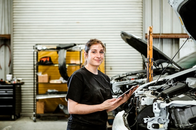 Female mechanic running a diagnostic on a car engine