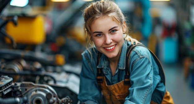 女性のメカニックが車の修理中に笑顔で