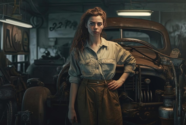 female mechanic standing in workshop in the style of emotionally complex