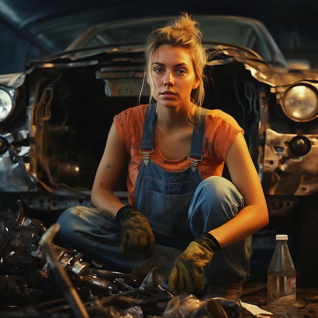 Photo female mechanic working on a old and destroyed car oil in her face photorealistic