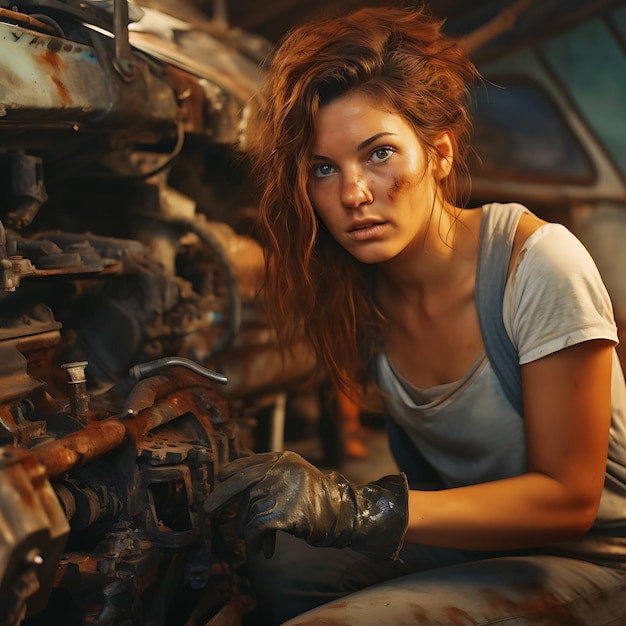 Photo female mechanic working on a old and destroyed car oil in her face photorealistic