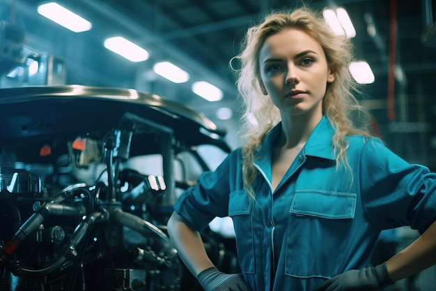 Photo female mechanic working under vehicle in a car service empowering woman