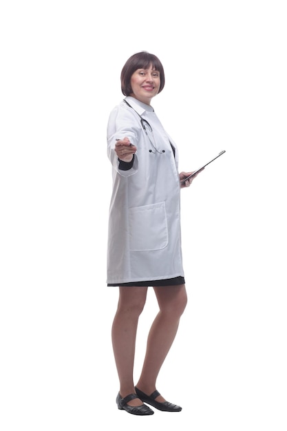 Female medic making notes to the clipboard isolated on a white background